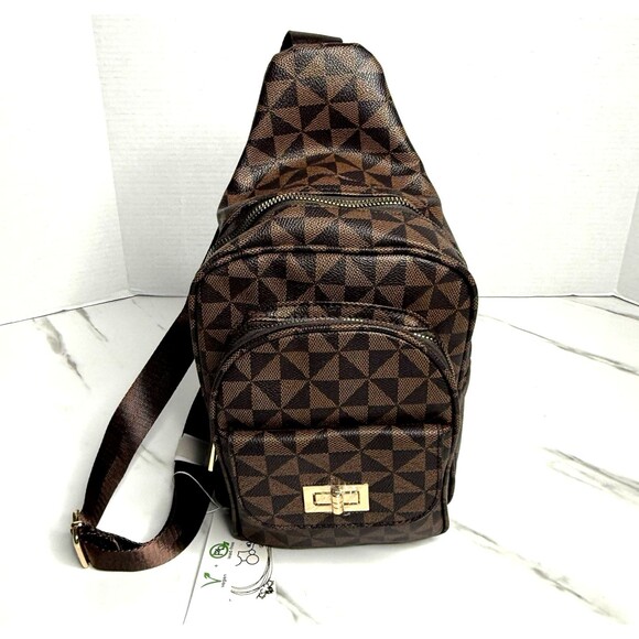 Vegan Sling Backpack Crossbody Geometric Pattern Lead-Free Shoulder Bag in Brown - Picture 1 of 9